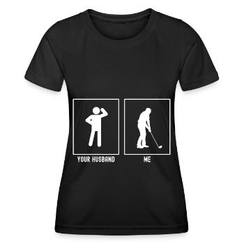 Her husband - me - golfer - Women's Functional T-Shirt - black - Front - AI Model Female 172 light (172cm)