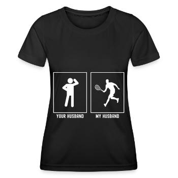 Son mari - Mon mari - Joueur de tennis en course à pied - T-shirt sport Femme - noir - Devant - AI Model Female 172 light (172cm)