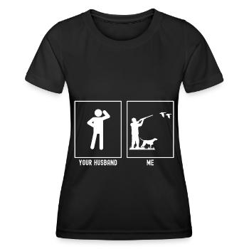 Son mari - I - chasseur d’oiseaux - T-shirt sport Femme - noir - Devant - AI Model Female 172 light (172cm)