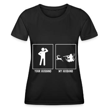 Her husband - My husband - Hunting deer - Women's Functional T-Shirt - black - Front - AI Model Female 172 light (172cm)