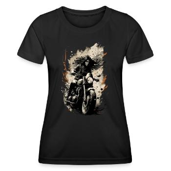 Schöne Motorradfahrerin auf ihrer Maschine - Frauen Funktions-T-Shirt - Schwarz - Vorne - AI Model Female 172 light (172cm)