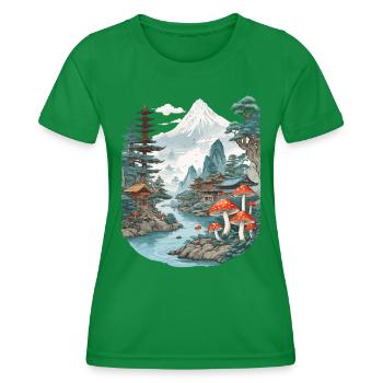 Vintage Mushroom Landscape Japan Aesthetic Design - Women's Functional T-Shirt - kelly green - Front - AI Model Female 172 dark (172cm)