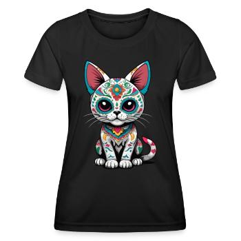 Iconic Sugar Skull Mexico Cat Design - Women's Functional T-Shirt - black - Front - AI Model Female 172 light (172cm)