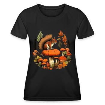 Herbst Eichhörnchen auf Orange Pilz Wald Szene - Frauen Funktions-T-Shirt - Schwarz - Vorne - AI Model Female 172 light (172cm)