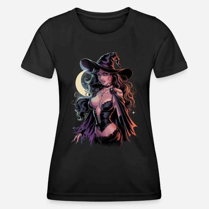Beautiful witch in the moonlight with magic hat and - Women's Functional T-Shirt - black