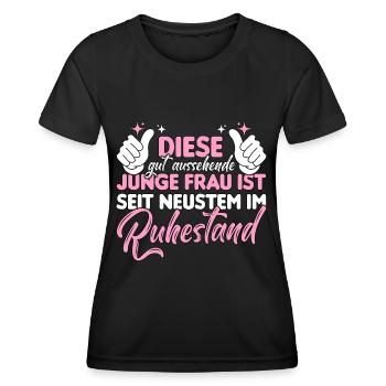 Gut aussehende junge Frau Pension Rente Ruhestand - Frauen Funktions-T-Shirt - Schwarz - Vorne - AI Model Female 172 light (172cm)