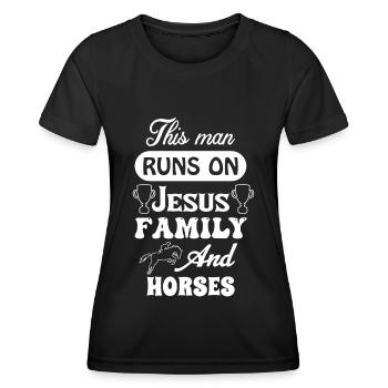 Dieser Mann läuft auf Jesus Familie und Pferden - - Frauen Funktions-T-Shirt - Schwarz - Vorne - AI Model Female 172 light (172cm)