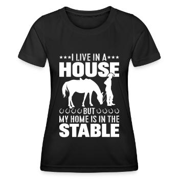 Je vis dans une maison, mais ma maison est dans le S - T-shirt sport Femme - noir - Devant - AI Model Female 172 light (172cm)