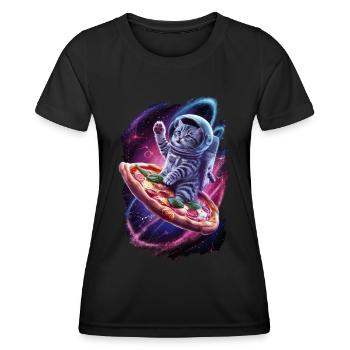 Space Cat with Pizza - Unique Motif - Women's Functional T-Shirt - black - Front - AI Model Female 172 light (172cm)