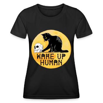 Wake Up Human Funny Cat mit Totenkopf - Frauen Funktions-T-Shirt - Schwarz - Vorne - AI Model Female 172 light (172cm)