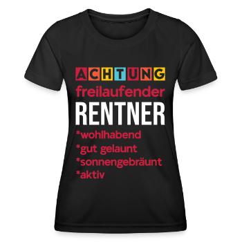 Achtung Freilaufender Rentner Spruch Lustig - Frauen Funktions-T-Shirt - Schwarz - Vorne - AI Model Female 172 light (172cm)