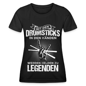 Mit den Drumsticks in den Händen Schlagzeuger - Frauen Funktions-T-Shirt - Schwarz - Vorne - AI Model Female 172 light (172cm)