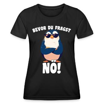 Before you ask: Nope! Cartoon Penguin Sarcasm - Women's Functional T-Shirt - black - Front - AI Model Female 172 light (172cm)