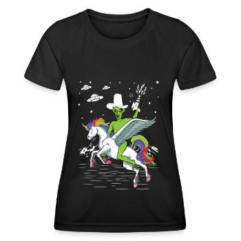 Alien reitet Einhorn Unheimlich - Frauen Funktions-T-Shirt - Schwarz - Vorne - AI Model Female 172 light (172cm)