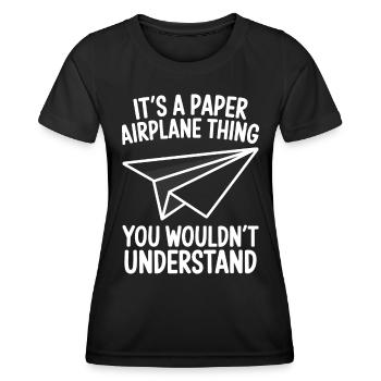 Avion en papier disant blague Avion en papier cadeau - T-shirt sport Femme - noir - Devant - AI Model Female 172 light (172cm)