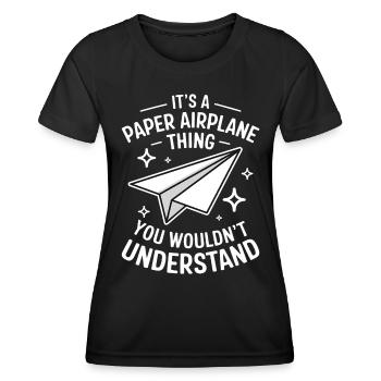 Avion en papier disant blague Avion en papier cadeau - T-shirt sport Femme - noir - Devant - AI Model Female 172 light (172cm)