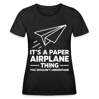 Avion en papier disant blague Avion en papier cadeau - T-shirt sport Femme - noir - Devant - AI Model Female 172 light (172cm)