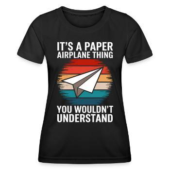 Avion en papier disant blague Avion en papier cadeau - T-shirt sport Femme - noir - Devant - AI Model Female 172 light (172cm)