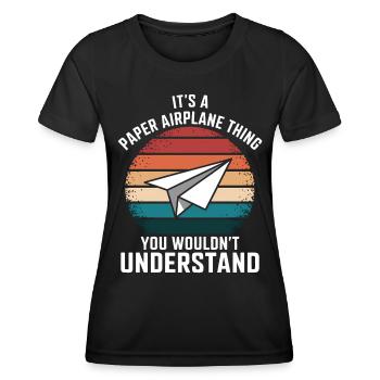 Avion en papier disant blague Avion en papier cadeau - T-shirt sport Femme - noir - Devant - AI Model Female 172 light (172cm)