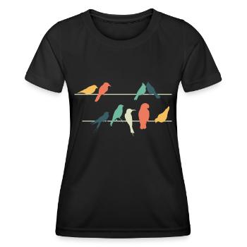 Bunte Vögel auf Drähten sitzend Niedlich Vogel - Frauen Funktions-T-Shirt - Schwarz - Vorne - AI Model Female 172 light (172cm)