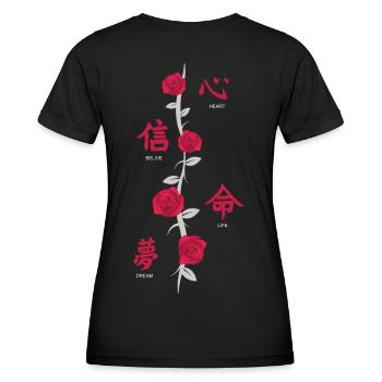 Japanese Characters Back Print with Flowers - Women's Functional T-Shirt - black - Back - AI Model Female 172 light (172cm)