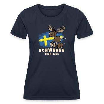 Schweden Tour 2026 – Flagge & lustiger Elch - Frauen Funktions-T-Shirt - Navy - Vorne - AI Model Female 172 light (172cm)