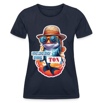 Lustiger Koi Karpfen Fisch mit Spruch - Frauen Funktions-T-Shirt - Navy - Vorne - AI Model Female 172 light (172cm)