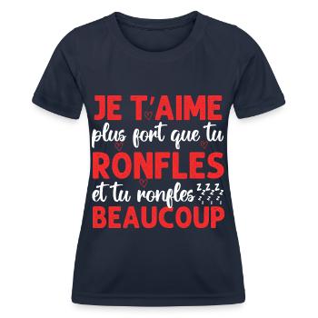Je t' aime plus fort que tu ronfles Saint-Valentin - T-shirt sport Femme - bleu marine - Devant - AI Model Female 172 light (172cm)