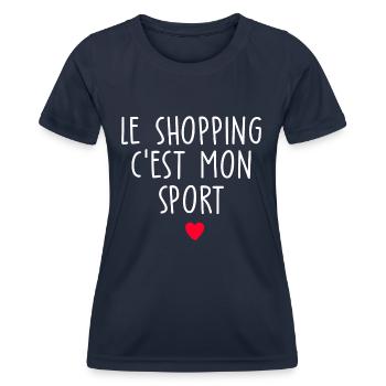 le shopping c est mon sport / cadeau humour femme - T-shirt sport Femme - bleu marine - Devant - AI Model Female 172 light (172cm)