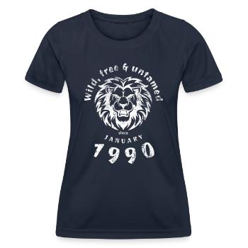35. Geburtstag Sauvage, libre et indompté depuis 01/1990 - T-shirt sport Femme - bleu marine - Devant - AI Model Female 172 light (172cm)