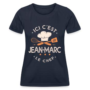Jean Marc Chef Ici c est Jean-Marc le chef - T-shirt sport Femme - bleu marine - Devant - AI Model Female 172 light (172cm)