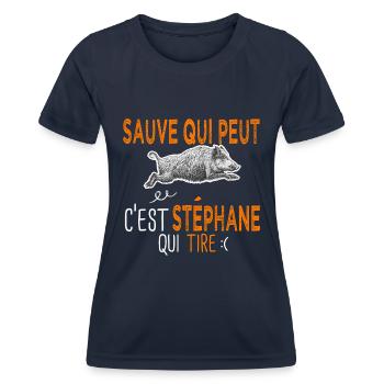 Stéphane c est stephane qui tire Humour Chasseur - T-shirt sport Femme - bleu marine - Devant - AI Model Female 172 light (172cm)