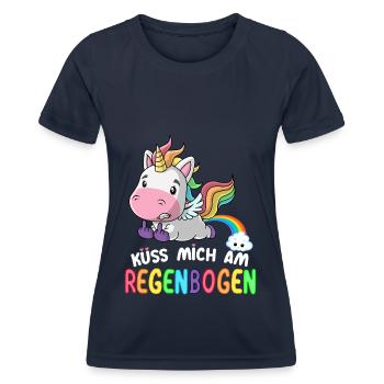 Süßes Einhorn | Küss mich am Regenbogen - Frauen Funktions-T-Shirt - Navy - Vorne - AI Model Female 172 light (172cm)