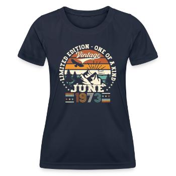 50th Birthday Man June Year 1973 Original - Women's Functional T-Shirt - navy - Front - AI Model Female 172 light (172cm)
