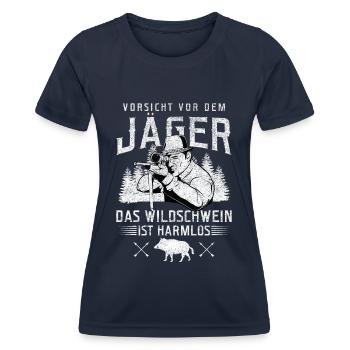 Vorsicht Vor Dem Jäger Jagt Wildschwein Geschenk - Frauen Funktions-T-Shirt - Navy - Vorne - AI Model Female 172 light (172cm)