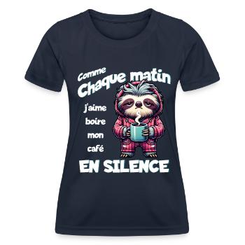 Comme chaque matin j'aime boire mon café... - T-shirt sport Femme - bleu marine - Devant - AI Model Female 172 light (172cm)