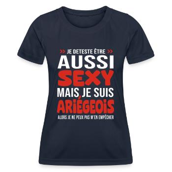 je deteste d être aussi sexy - je suis Ariégeois - T-shirt sport Femme - bleu marine - Devant - AI Model Female 172 light (172cm)