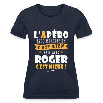 Roger cadeau Humour personnalisé cadeau roger - T-shirt sport Femme - bleu marine - Devant - AI Model Female 172 light (172cm)