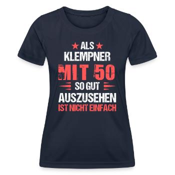 With 50 handsome plumber - Women's Functional T-Shirt - navy - Front - AI Model Female 172 light (172cm)