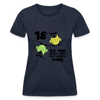 Geburtstag 18, Eulen am Drahtseil, rund - Frauen Funktions-T-Shirt - Navy - Vorne - AI Model Female 172 light (172cm)