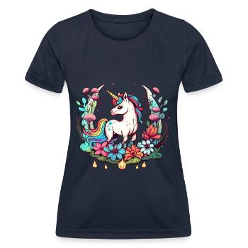 Einhorn und Blumen: Magisches T-Shirt Design - Frauen Funktions-T-Shirt - Navy - Vorne - AI Model Female 172 light (172cm)