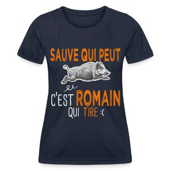 Romain c est romain qui tire Humour Chasseur - T-shirt sport Femme - bleu marine - Devant - AI Model Female 172 light (172cm)