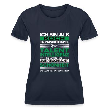 Koch Bescheiden - Lustiger Spruch - Frauen Funktions-T-Shirt - Navy - Vorne - AI Model Female 172 light (172cm)