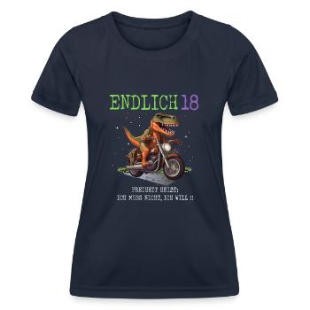Endlich 18 Dino auf Motorrad - Frauen Funktions-T-Shirt - Navy - Vorne - AI Model Female 172 light (172cm)