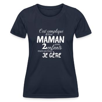 C'est compliqué d'être maman 2 enfants, je gère - T-shirt sport Femme - bleu marine - Devant - AI Model Female 172 light (172cm)