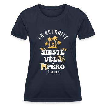 Velo humour retraite sieste vélo apéro - T-shirt sport Femme - bleu marine - Devant - AI Model Female 172 light (172cm)