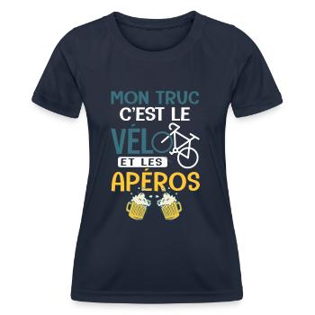 Vélo Mon truc c est le velo et Aperos Humour velo - T-shirt sport Femme - bleu marine - Devant - AI Model Female 172 light (172cm)