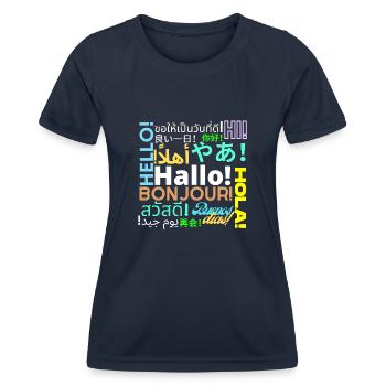 Bonjour, Bonjour, Bonjour, Hola, Buenos dias - T-shirt sport Femme - bleu marine - Devant - AI Model Female 172 light (172cm)