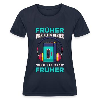 70s, 80s und 90s Jahre Musik Retro Walkman - Frauen Funktions-T-Shirt - Navy - Vorne - AI Model Female 172 light (172cm)