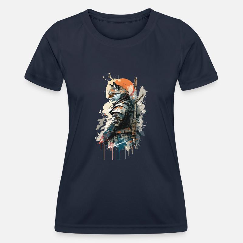 Cat Samurai Wearing Uniform - Women's Functional T-Shirt - navy